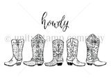 Line-art red rubber stamp of a row of five decorated cowboy boots below a hand-lettered 'howdy.'