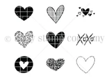 Heart to Heart stamp sheet: nine small heart designs including a plaid heart, a hatched heart, a cluster of tiny hearts, a leafy heart, a plaid circle with a heart cut out, a bubbled heart, a dashed stitched heart, and an 'XOXO'.