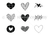 Red rubber stamp sheet of nine heart designs in different fills: solid, striped, leafy, dotted, a heart inside a circle, a dashed outline, a small heart cluster and an XOXO.