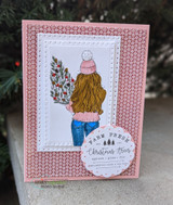 Pink patterned card of the girl carrying the Christmas tree with 'FARM FRESH Christmas Trees.'
