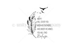 Black-and-white image of the feather and birds with "He will cover you with his feathers, and under his wings you will find refuge"