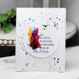 White card with a colorfully inked feather and birds and the sentiment "He will cover you with his feathers, and under his wings you will find refuge"
