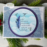 Card with a blue-toned feather and birds in a circle on a cloud background and the refuge Scripture sentiment
