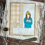 Neutral card of the beanie girl on gingham with a small sentiment tag.