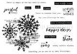 Line-art stamp sheet with a large detailed snowflake and layered winter sentiments - 'let it snow,' 'warm wishes,' 'joyful thanks,' 'stay cozy,' 'cozy winter vibes.'
