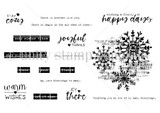 Red rubber stamp sheet centered on a layered snowflake cluster and ringed with winter word stamps, including 'Stay Cozy', 'let it snow', 'warm wishes', 'joyful thanks' and 'Counting you as one of my many blessings.'