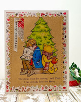 Kraft card with Pooh and Christopher Robin by a Christmas tree, 'Christmas must be coming, said Pooh.'