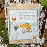 Kraft gingham card of Pooh and Piglet on a snowy path with a heart speech bubble and the footprints sentiment.