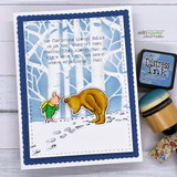 Card with Pooh and Piglet colored in soft green, framed in a snowy birch-tree scene inside a navy scalloped border.