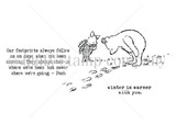 Line-art red rubber stamp of Winnie the Pooh and Piglet following footprints in the snow, with 'winter is warmer with you' and the Pooh footprints quote.