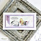 Pooh, Eeyore and Piglet in the snow, 'Friends are like little rays of sunlight in the winter snow,' lilac frame.
