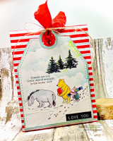 Pooh scene on a red-striped tag, 'Friends are like little rays of sunlight,' with 'LOVE YOU.'