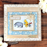 Pooh scene on a blue patterned card, 'No winter lasts forever, no spring skips its turn.'