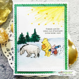 Pooh, Eeyore and Piglet with a stamped sunburst and green frame, friendship sentiment.
