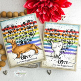 Two rainbow-striped cards with a dachshund and a white cat under paw-print stripes, each with 'love is a four-legged word.'