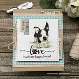 Vintage ticket card with a Boston terrier puppy above 'love is a four-legged word.'