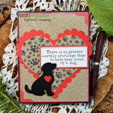 Kraft card with a black dog silhouette inside a red scalloped heart and the "no greater privilege" sympathy sentiment