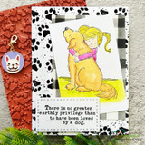 Card with a girl hugging a golden dog and the "no greater privilege" sentiment on a paw-print background