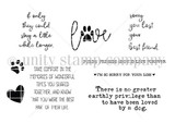 Black-and-white stamp set layout of paw prints, hearts, a dog, a cat and pet-loss sympathy sentiments