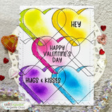 Card with four large hearts coloured yellow, green, pink and blue across a stitched white panel, sentiments "HEY," "HAPPY VALENTINE'S DAY" and "HUGS & KISSES."