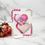 Card with two hearts coloured deep pink and soft tan on white, framed with red lace paper and gold accents, sentiment "HAPPY VALENTINE'S DAY."