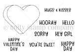 Red rubber stamp sheet for Big Candy Heart: a large outlined conversation heart plus short block sentiments "HUGS & KISSES," "HOORAY," "HELLO," "SORRY," "HEY GIRL," "HAPPY VALENTINE'S DAY," "YOU'RE SWEET" and "HAPPY DAY."
