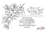 Juniper red rubber stamp set from Unity Stamp Co — sprigs of juniper with blue-purple berries — shown on the black-line stamp sheet with sentiment stamps including “Stay warm & remain hopeful that better days are ahead” and “His mercies are new every morning. Great is His faithfulness. “The Lord is my portion,” says my soul, “Therefore I hope in Him!” Lam. 3:22-24”.