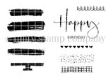 Red rubber stamp sheet of cake layer building blocks: solid inked bars, a stand, dotted and grid textures and a candle row, beside 'Happy BIRTHDAY'.