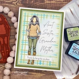 Card using the Plaid Builder stencils — a soft plaid background with 'Aunt Sister Grandma Mother — thanks for being the very best.'