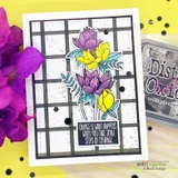 Card made with the Plaid Builder stencils — a black grid plaid behind tulips with 'Change is what happens when you take small steps of courage.'