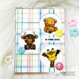 Card using the Plaid Builder stencils — a pastel plaid background with baby animals and 'Hi there cutie.'