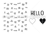 Background of dozens of little sweet-talk word stamps — love, xoxo, cutie pie, be mine, hey girl — with a solid and outline heart.