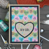 Pink and gold hearts background card with a large open heart over 'HEY GIRL'.