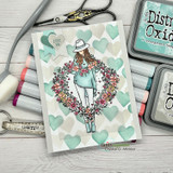 Card with a stylish girl in a hat framed by a heart-shaped floral wreath over the aqua hearts background.