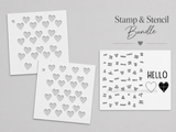Stamp and stencil bundle: two heart-shaped stencils, a background of tiny word stamps and a 'HELLO' with hearts, on a white background.