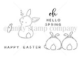 Line-art stamp set of a bunny, two bunny butts and a carrot with 'oh Hello Spring' and 'Happy Easter' sentiments – Oh Hello Spring.