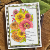 Card with a lush zinnia bouquet colored pink, yellow and orange with 'I just remembered that I almost forgot to say how much I love you.'