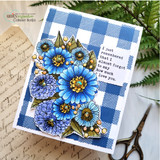 Card with the zinnias in blue and gold over a blue gingham panel.