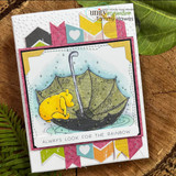 Bright card with Pooh colored gold in a rainbow-striped umbrella, confetti hearts and the 'Always look for the rainbow' strip.