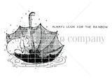 Red rubber stamp sheet: Winnie the Pooh napping inside an upturned umbrella floating on a puddle, with the 'Always look for the rainbow' sentiment.