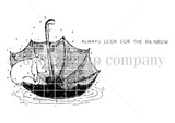 Red rubber stamp sheet with an open umbrella lying in a puddle under falling rain, beside 'ALWAYS LOOK FOR THE RAINBOW'.