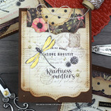Vintage tag card with a yellow scripted dragonfly and 'kindness matters'.