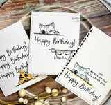 Trio of birthday cards, each with peeking kitties and stacked 'Happy Birthday!' sentiments.
