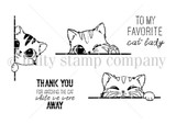 The Peek-A-Boo Cats red rubber set: three peeking cats with 'To my favorite cat lady' and a cat-sitter thank you.