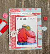 Card with the couple in red and pink over a heart panel with 'You're really rocking this MARRIAGE stuff.'