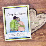 Card with the couple over woodgrain, 'Happy Anniversary' and the cheeky 'Sorry I acted crazy, it will happen again.'