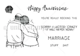 Red rubber stamp sheet: a couple embracing with 'Happy Anniversary,' 'You're really rocking this' and cheeky marriage word stamps.