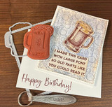 Card with a stamped frog in grass and "I made this card with large font so old farts like you could read it"