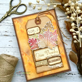 Autumn card using Newsprint Greetings paper with a leaf tag and 'give thanks, blessings'