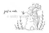 Black-and-white Hoppy Notes stamp set: a bunny holding a daisy in grass with the sentiment 'just a note.'